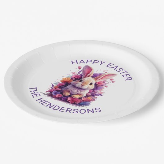 パステルカラフルイースターバニー&ウォーターカラー花模様 ペーパープレート (アングル)