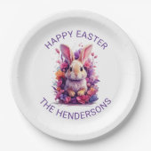 パステルカラフルイースターバニー&ウォーターカラー花模様 ペーパープレート (正面)