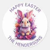 パステルカラフルイースターバニー&ウォーターカラー花模様 ラウンドシール (正面)