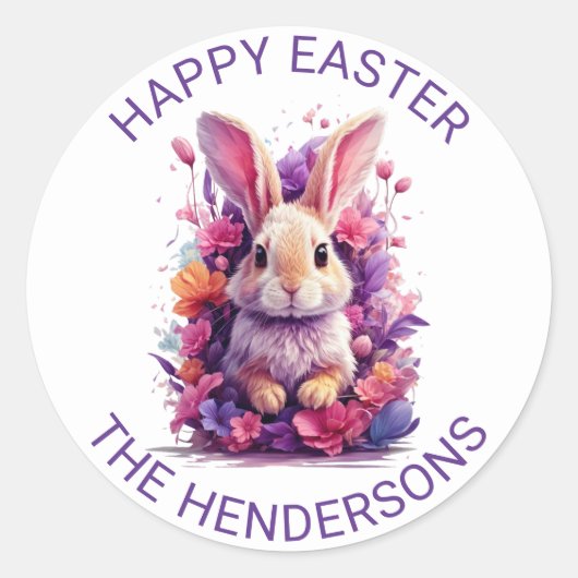 パステルカラフルイースターバニー&ウォーターカラー花模様 ラウンドシール (正面)