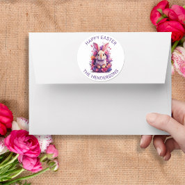 パステルカラフルイースターバニー&ウォーターカラー花模様 ラウンドシール