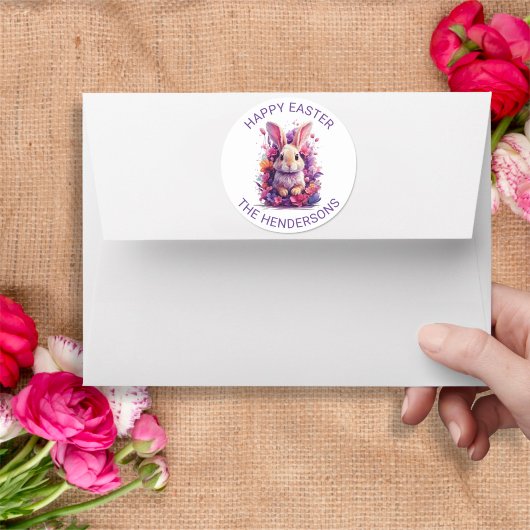 パステルカラフルイースターバニー&ウォーターカラー花模様 ラウンドシール