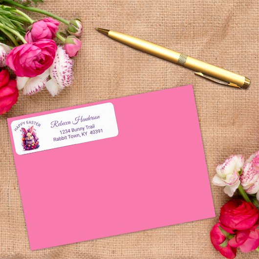 パステルカラフルイースターバニー&ウォーターカラー花模様 ラベル