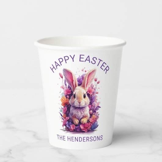 パステルカラフルイースターバニー&ウォーターカラー花模様 紙コップ (正面)