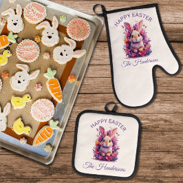 パステルカラフルイースターバニー&ウォーターカラー花模様 鍋つかみ&鍋敷きセット