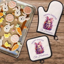 パステルカラフルイースターバニー&ウォーターカラー花模様 鍋つかみ&鍋敷きセット