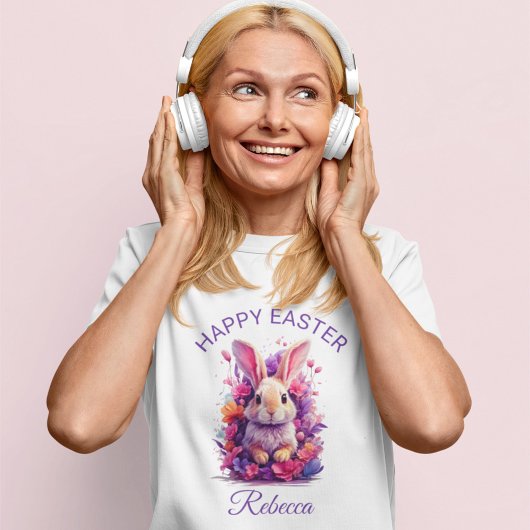 パステルカラフルイースターバニー&ウォーターカラー花模様 Tシャツ