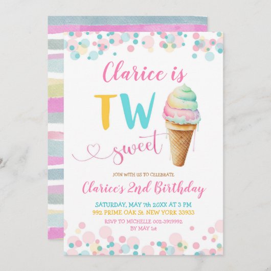 パステルカラフルツースイートキッズセカンド誕生日 招待状 (正面/裏面)