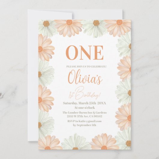 パステルカラフルデイジーフラワー1st誕生日 招待状 (正面)