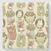 パステルカラフルトーンレトロフローラOwlsパターン ストーンコースター (正面)