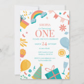 パステルカラフルドードル1st誕生日招待状 招待状 (正面)