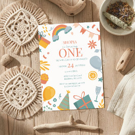 パステルカラフルドードル1st誕生日招待状 招待状