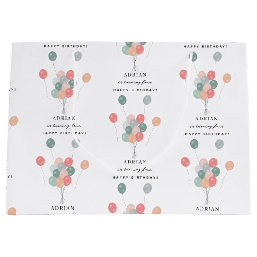 パステルカラフルバルーンモダン誕生日名の年齢 ラージペーパーバッグ (正面)