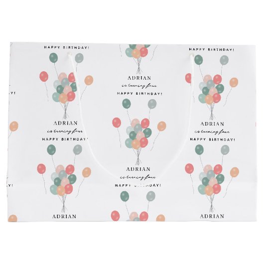 パステルカラフルバルーンモダン誕生日名の年齢 ラージペーパーバッグ (裏面)