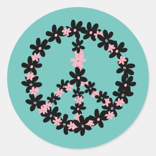 パステルカラフルピンクブラックフローラピースサイン ラウンドシール (正面)