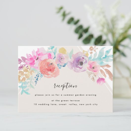 パステルカラフルフラワーウェディングレセプションカード エンクロージャーカード (スタンド正面)