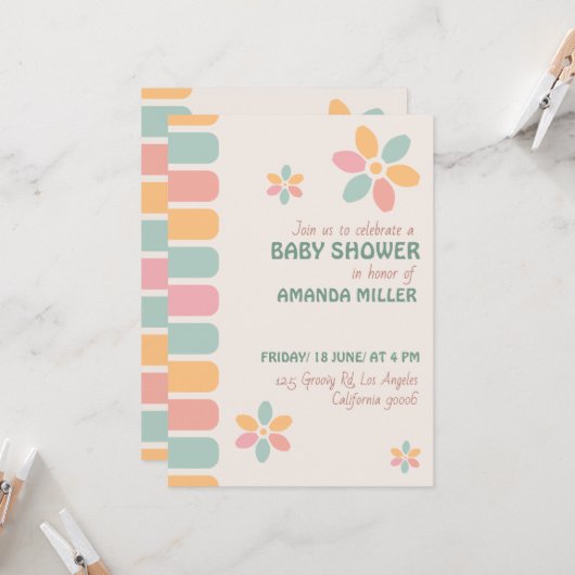 パステルカラフルフラワーベビーシャワーパーティー 招待状 (正面/裏面インサイチュ)