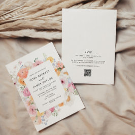パステルカラフルフローラフレームQRコー結婚ド 招待状