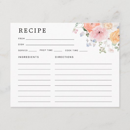パステルカラフルフローラブライダルシャワーレシピカード エンクロージャーカード (正面)