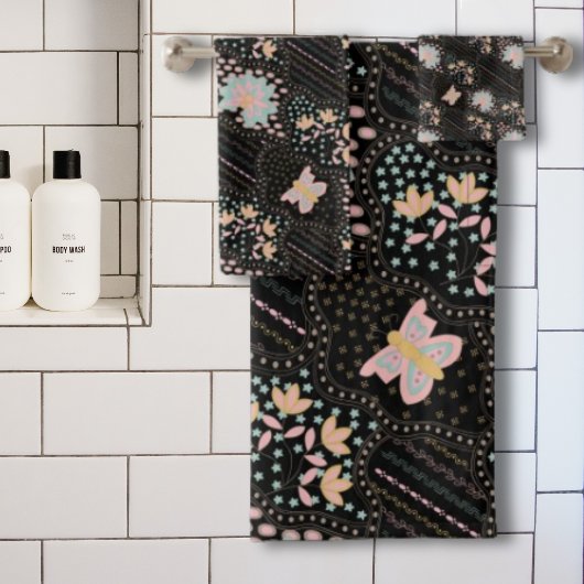 パステルカラフルフローラ蝶バティックパターン バスタオルセット