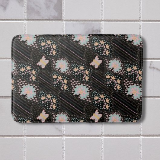 パステルカラフルフローラ蝶バティックパターン バスマット