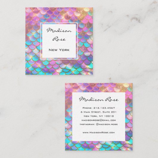 パステルカラフルレインボーユニコーン金ゴールドマーメイドスケール スクエア名刺 (正面/裏面)