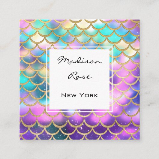 パステルカラフルレインボーユニコーン金ゴールドマーメイドスケール スクエア名刺 (正面)
