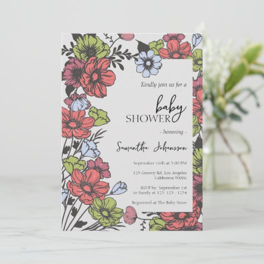 パステルカラフルワイルドフラワーベビーシャワー招待状 招待状 (スタンド正面)