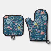 パステルカラフル植物柄ファミリー名ブルー 鍋つかみ&鍋敷きセット (正面)