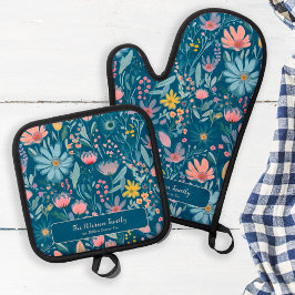 パステルカラフル植物柄ファミリー名ブルー 鍋つかみ&鍋敷きセット