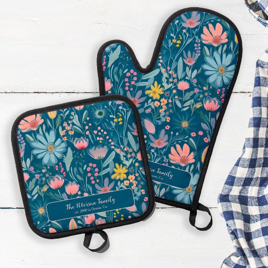 パステルカラフル植物柄ファミリー名ブルー 鍋つかみ&鍋敷きセット