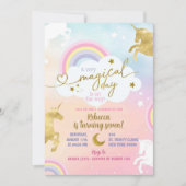 パステルカラフル金ゴールドマジカルユニコーンガール誕生日 招待状 (正面)