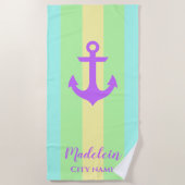 パステルカラーいかり航海のストライプ名前をカスタムする ビーチタオル (正面)