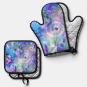 パステルカラーお洒落抽象芸術ブルーパープルグリーン 鍋つかみ&鍋敷きセット (正面/裏面)