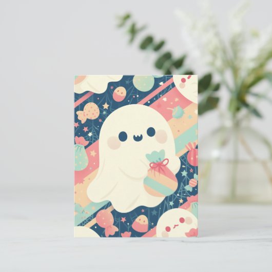 パステルカラーが可愛いお菓子の袋を持った幽霊 シーズンポストカード (スタンド正面)