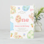 パステルカラーで1歳の誕生日おめでとう ウサギ 招待状 (スタンド正面)