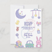 パステルカラーのおもちゃを使った男女兼用ベビーシャワー招待状 招待状 (裏面)