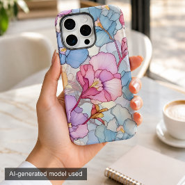 パステルカラーのお花のステンドグラス ピンク＆ブルー iPhone 15 PRO MAXケース