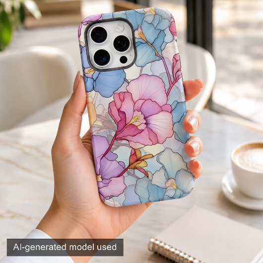 パステルカラーのお花のステンドグラス ピンク&ブルー iPhoneケース