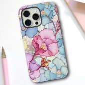 パステルカラーのお花のステンドグラス ピンク&ブルー iPhoneケース
