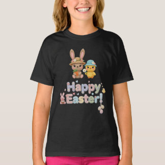 パステルカラーのかぎ針編み風ハッピーイースター ウサギとヒヨコのデザイン  Tシャツ