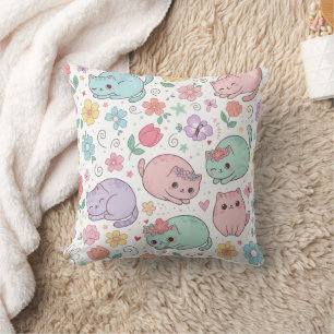 パステルカラーのかわいい猫と春の花のクッションカバー クッション