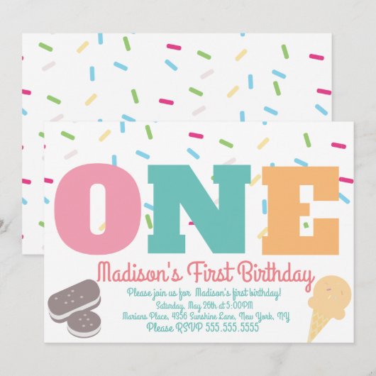 パステルカラーのアイスクリームのトッピング 女子の誕生日会 招待状 (正面/裏面)