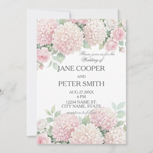パステルカラーのアジサイとバラのウェディングプラン 招待状 (正面)