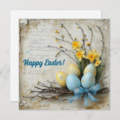 パステルカラーのイースターエッグと春の花のビンテージ シーズンカード (正面/裏面)