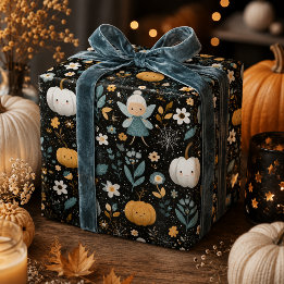 パステルカラーのカボチャと可愛いハロウィンの妖精 ラッピングペーパー
