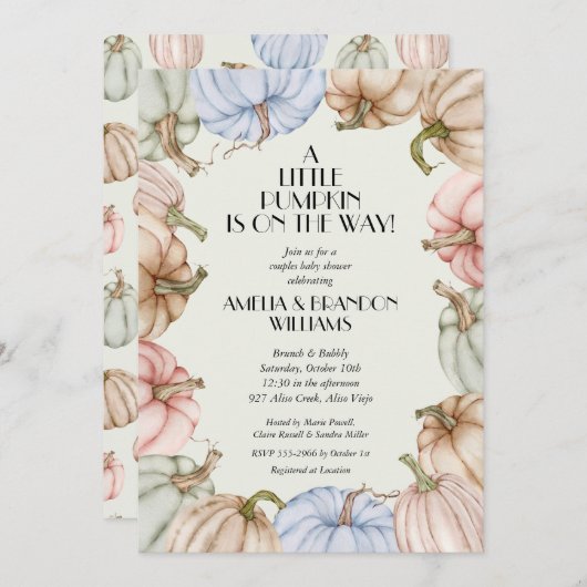 パステルカラーのカボチャのグリーン背景 ベビーシャワー招待状 (正面/裏面)