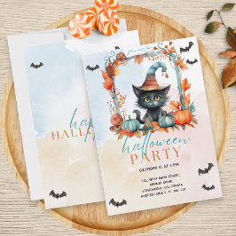 パステルカラーのカボチャ畑の黒猫ハロウィンパーティー 招待状