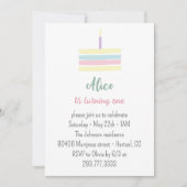 パステルカラーのカラフルなケーキ 女の子の1歳の誕生日パーティー 招待状 (正面)