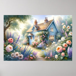 パステルカラーのカントリーハウス 青い家の花の情景 ポスター